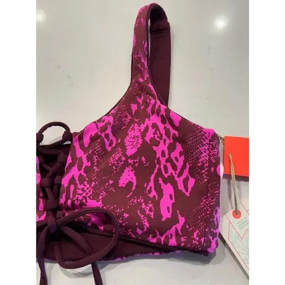 Maaji Size Medium Reversible Burgundy Animal Print Lace Up Swim Top - Picture 5 of 11